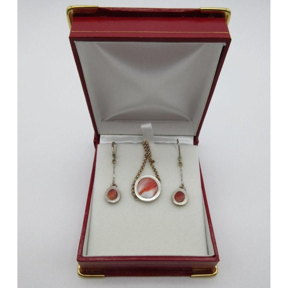 Silver Necklace and Earring Set with Coral Pink Inlay